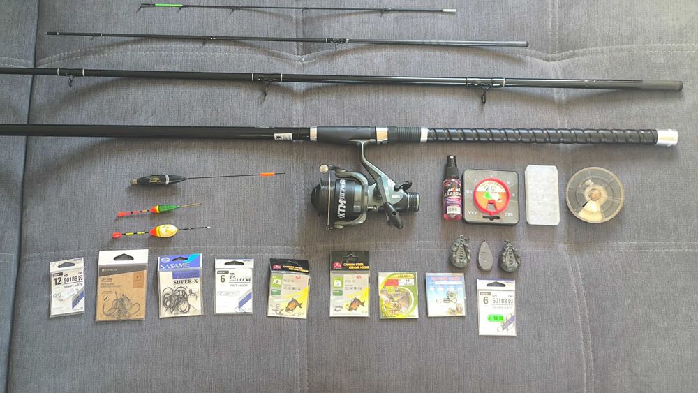 Set complet pescuit feeder, lansetă 3,6 m cu mulinetă și accesorii, folosit o dată