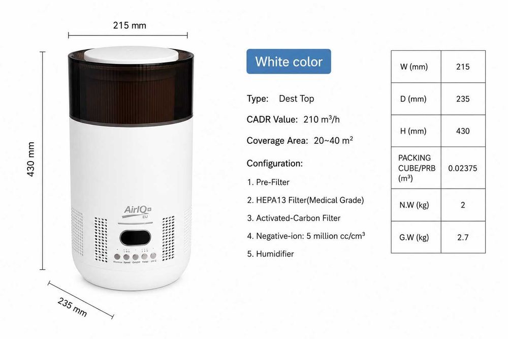 AirIQ Lite 3-в-1: очиститель, увлажнитель и UV-C, до 45 м² IQ Air