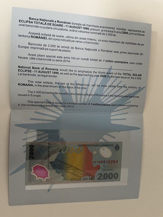 Bancnote Eclipsa de Soare 1999 , serie 001A0 , necirculate .