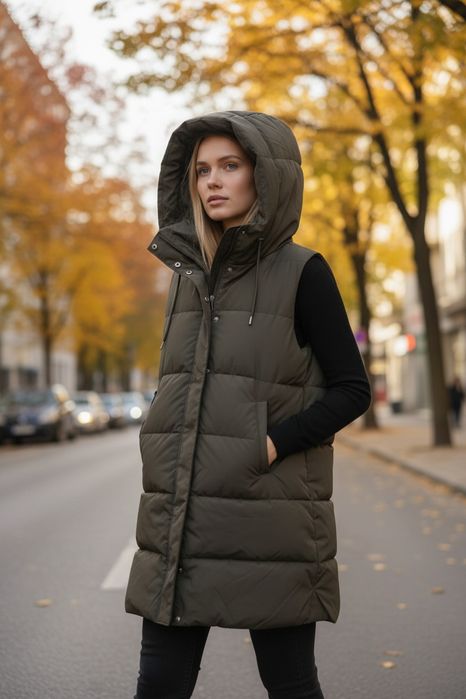 Vestă lungă matlasată cu glugă