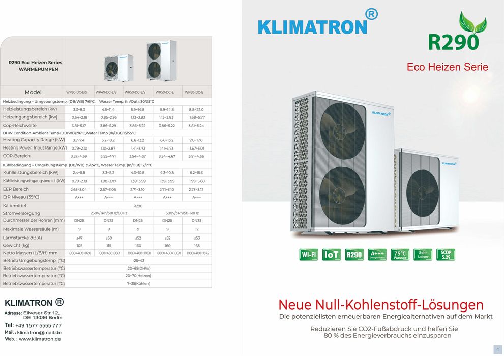 12Кв. Високотемпературни +75° Инверторни Термопомпи KLIMATRON R290
