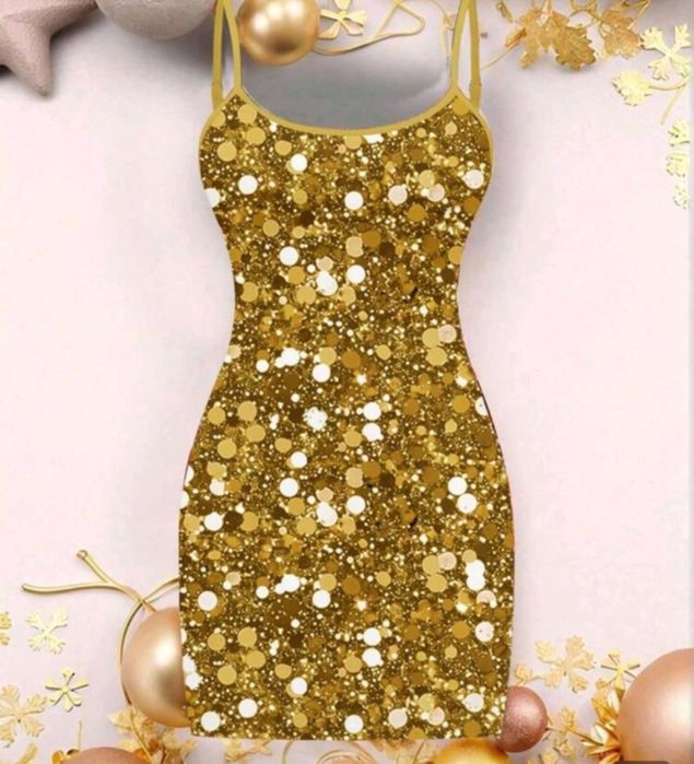 Минималистична дамска златна рокля с презрамки с пайети