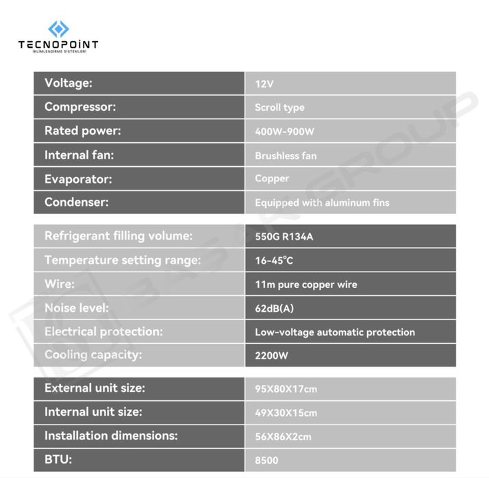 Tecnopoint PRO 12V/24V таванен климатик ДДС