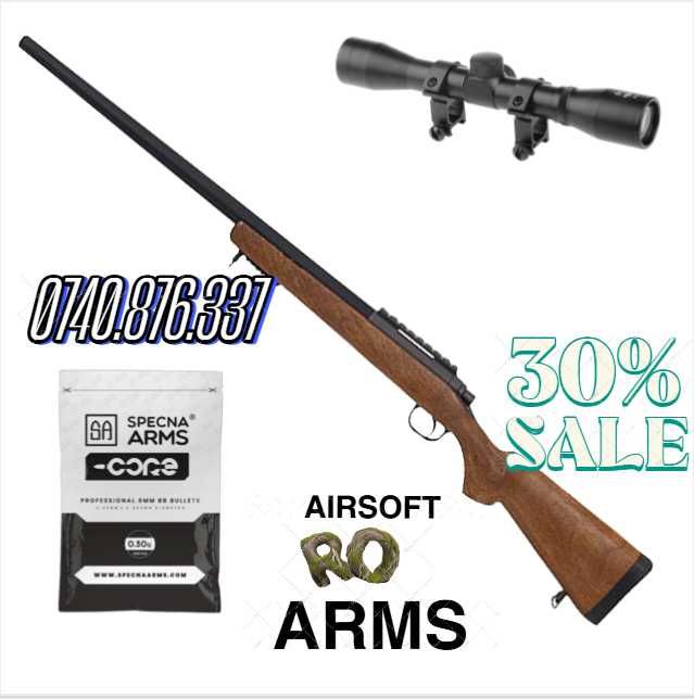 Pusca Airsoft Daunatori WoodMod 5,7jouli Bile+Luneta