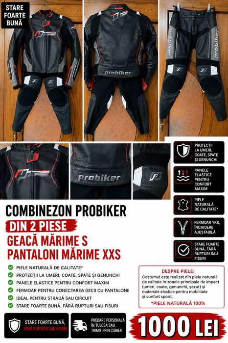 Combinezon Moto ProBiker Din 2 Piese Mărimea S/XXS Piele Naturală
