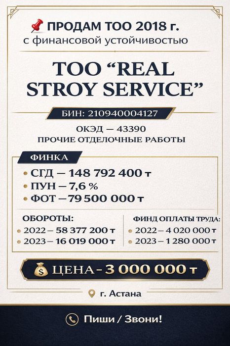 продажа ТОО для тендера строительство окэд сгд 79 млн Алматы