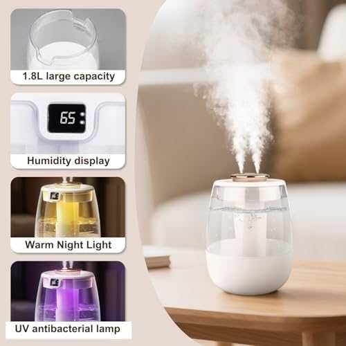 Нов USB овлажнител за въздух спалня 1.8L студена мъгла с 2 дюзи и нощна лампа