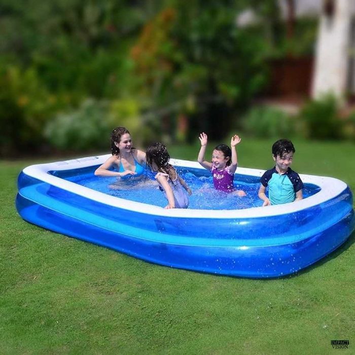 Piscina Gonflabila, Culoare Alb/Albastru, Dreptunghiulara, Doua inele gonflabile, Dimensiuni 200 x 120 x 40 cm, Vinil rezistent, Gradina si Exterior,