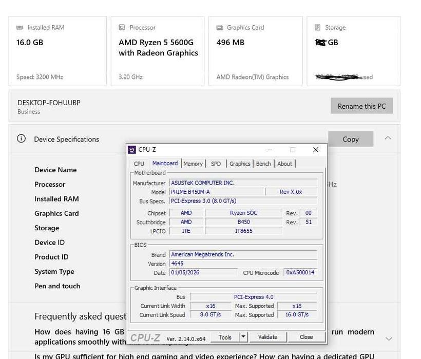 Placa de baza ASUS PRIME B450M-A cu procesor AMD Ryzen 5 5600G 3.9Ghz + 16gb ddr4 3200Mhz Patriot Viper