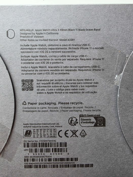 Smartwatch Apple Watch Ultra 3, GPS + Cellular, Carcasa Black Titanium 49mm, Black Ocean Band