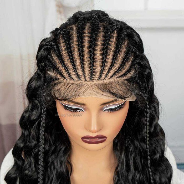 Екзотична черна синтетична перука с пълзящи плитки  - Lace Front 13x6