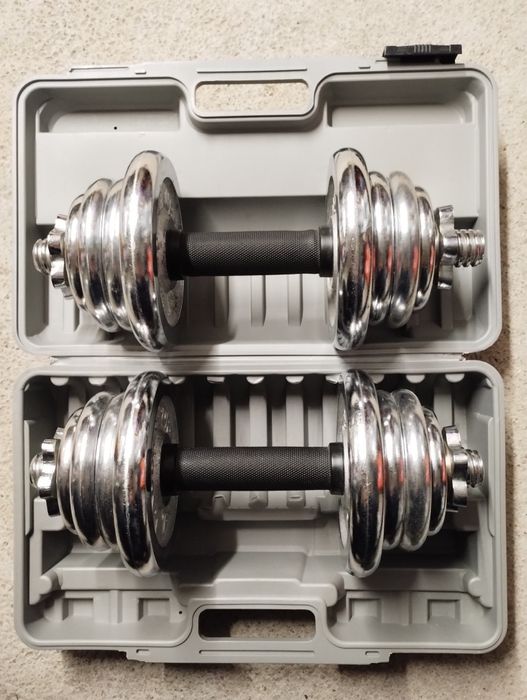 Set gantere otel cromat 22 kg + cutie depozitare