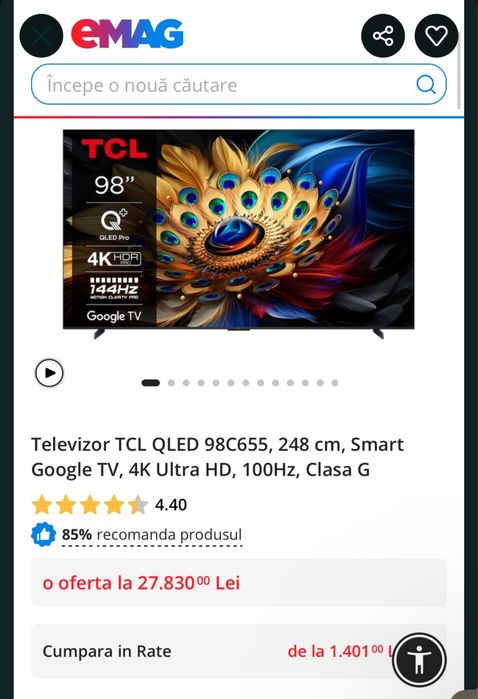 Televizor TCL QLED 98P8K, 248 cm, Smart Google TV, 4K Ultra HD