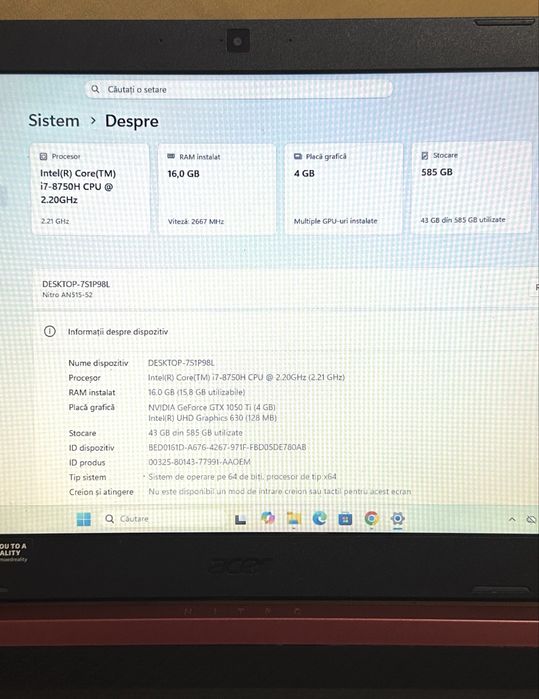 Super Pret! Acer Nitro 5 - I7, 16GB RAM, GTX 1050Ti, SSD+HDD | FACTURĂ și GARANȚIE!