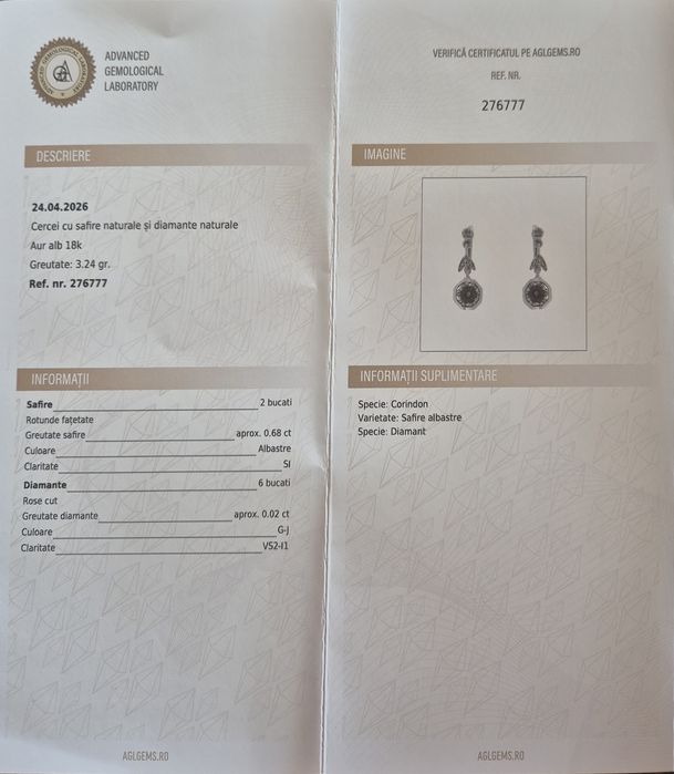 Cercei Art Deco din aur de 18K cu safire naturale albestre superbe si diamante naturale