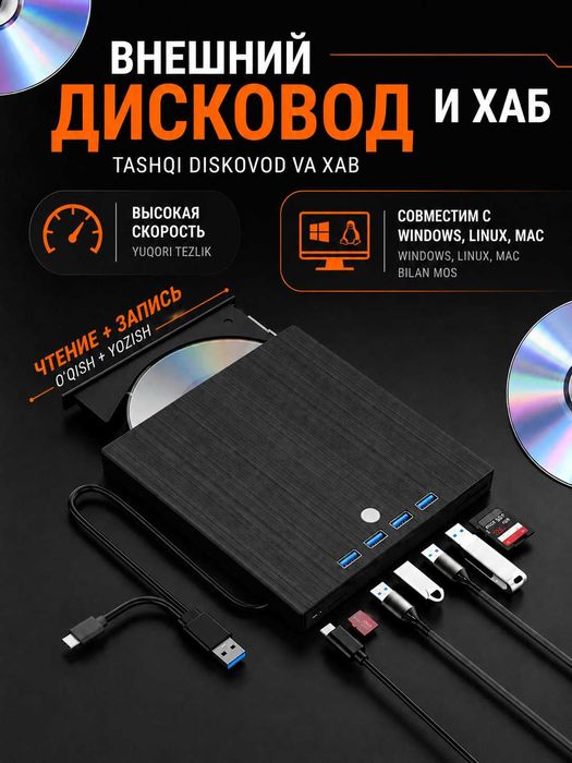 Внешний дисковод DVD-RW, DVD-ROM, CD-ROM 8в1. USB-хаб высокая скорость