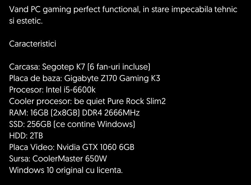 Vand pc gaming i5-6600K 16GB RAM GTX1060 6GB