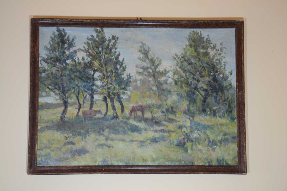 Tablou vechi pictură ulei – Peisaj impresionist cu vaci – 55x74 cm
