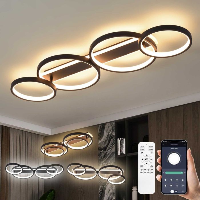Plafonieră LED modernă 86 cm, 48W, dimabilă, telecomandă + aplicație, aluminiu neagru
