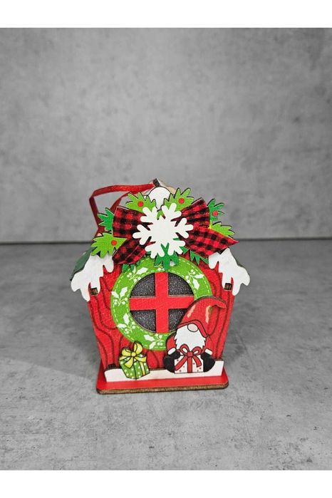 Casuta Decorativa Craciun cu Gnom, Iluminare LED, Lemn, 9 cm