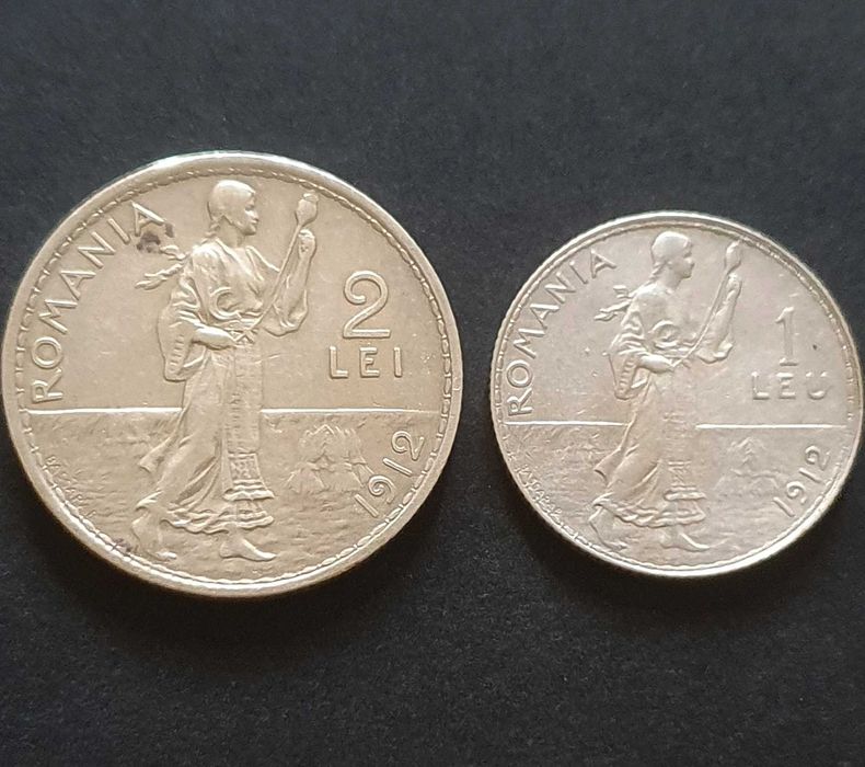 Moneda argint, set 1 si 2 lei 1912, Regele Carol.