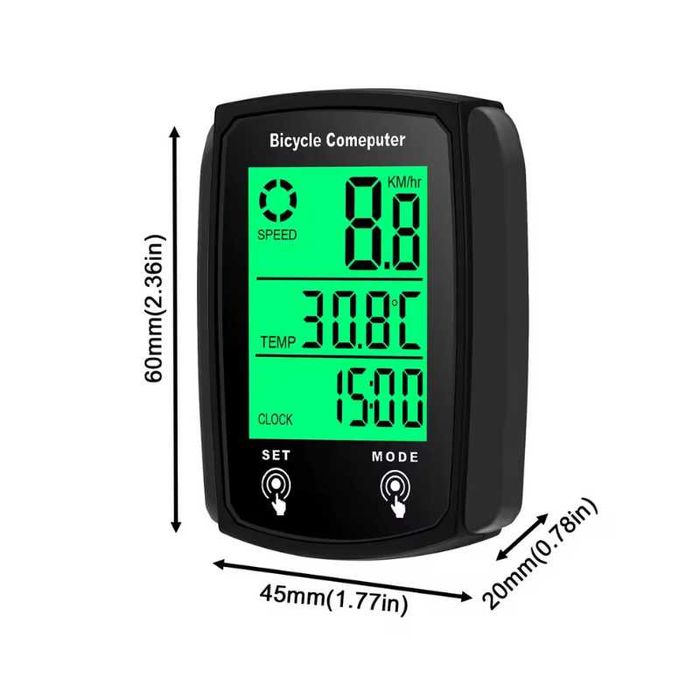 Велокомпютър с 19 функции, Водоустойчив, LED подсветка,  60х45мм