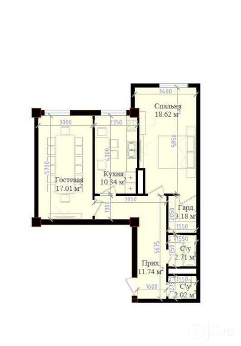 ЖК "Mavera", 3х ком. 65 кв.м. коробка, Яккасарай, 8 роддом (НБ)