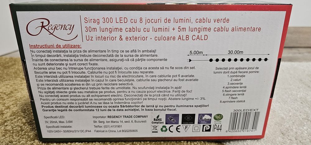 Instalație 300 Led-uri, Culoare LED-uri Alb Cald, Lungime 30m