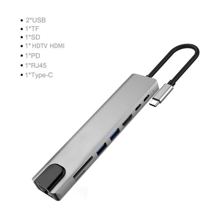 Док станция Type C 8в1 адаптер Lan, Hdmi, USB Hub, Картридер