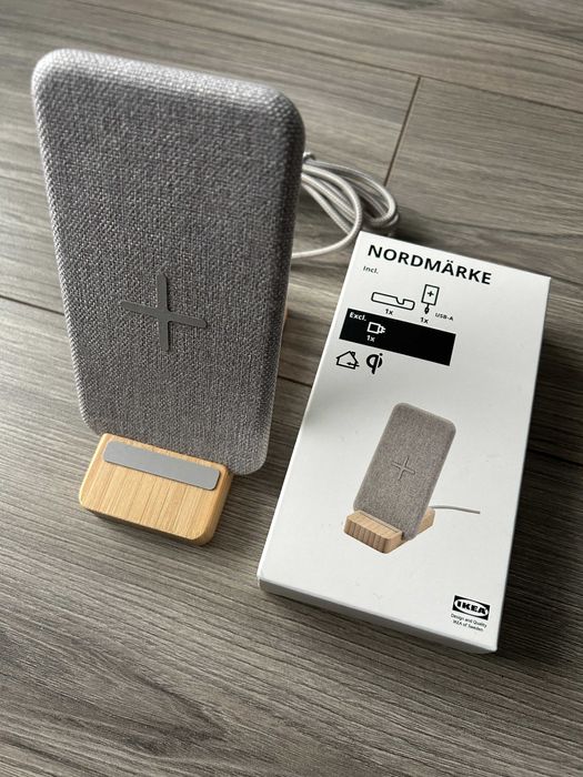 Incarcator wireless de birou IKEA Nordmarke USB, gri+bambus