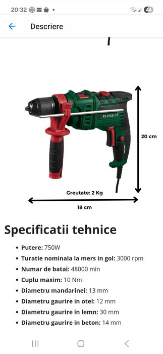 Masina de gaurit cu percutie ( bormasina ) Parkside PSBM 750 B3