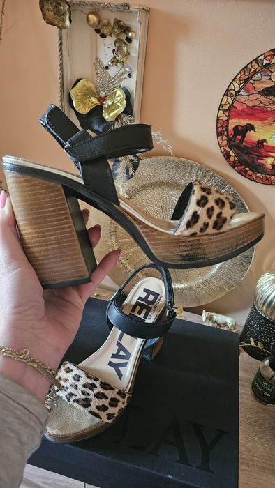 Сандали Replay на дебел ток - кожа / тигрови