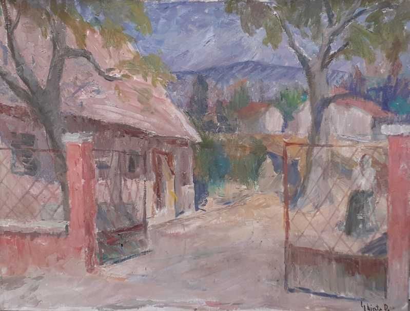 Tablou vechi - in ograda - semnat Ghiata D