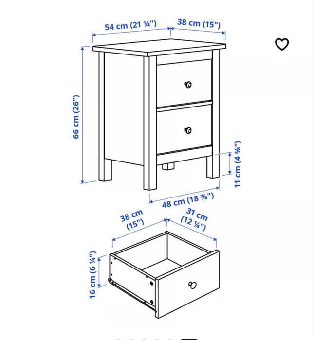 Comoda 2 sertare ikea, vopsit alb,54x66cm