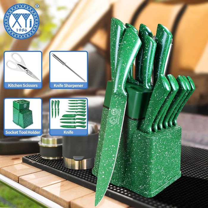 Комплект кухненски ножове с поставка неръждаема стомана, зелени