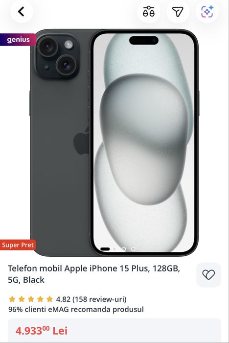 iPhone 15 Plus, 128GB, 5G, Black, factură iStyle, garanție noiembrie 2026