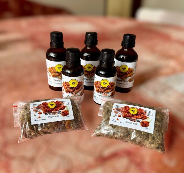 Пчелен прашец, клеева тинктура, клей/прополис, пчелен мед и продукти