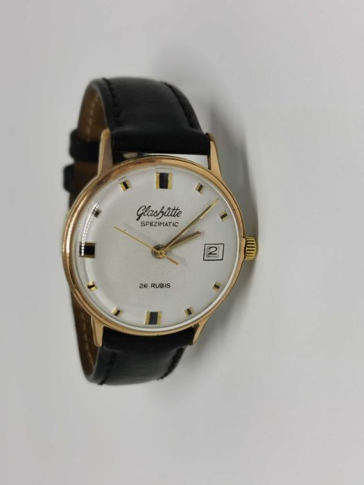 Ceas Vintage GUB Glashutte Spezimatic Ceas 26 Rubis date Made in Germany placat aur 20 microni curea piele