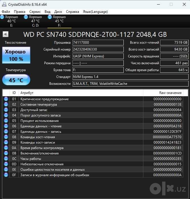 SSD NVMe M.2 2TB Western Digital PC SN740 (Идеал, 100% здоровье)
