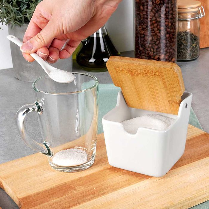 Керамична захарница с бамбуков капак и лъжичка 250 ml