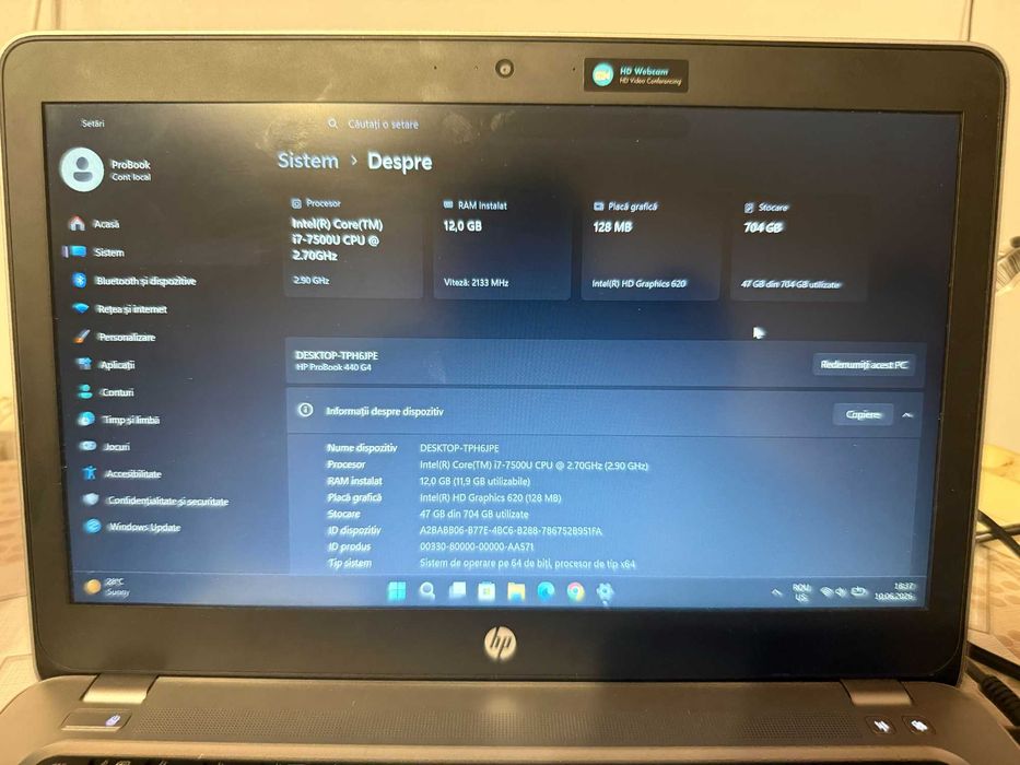 Laptop HP ProBook 440 G4 - 14" / Intel Core i7 / 12 GB DDR4 / 750 GB Stocare / Win. 11