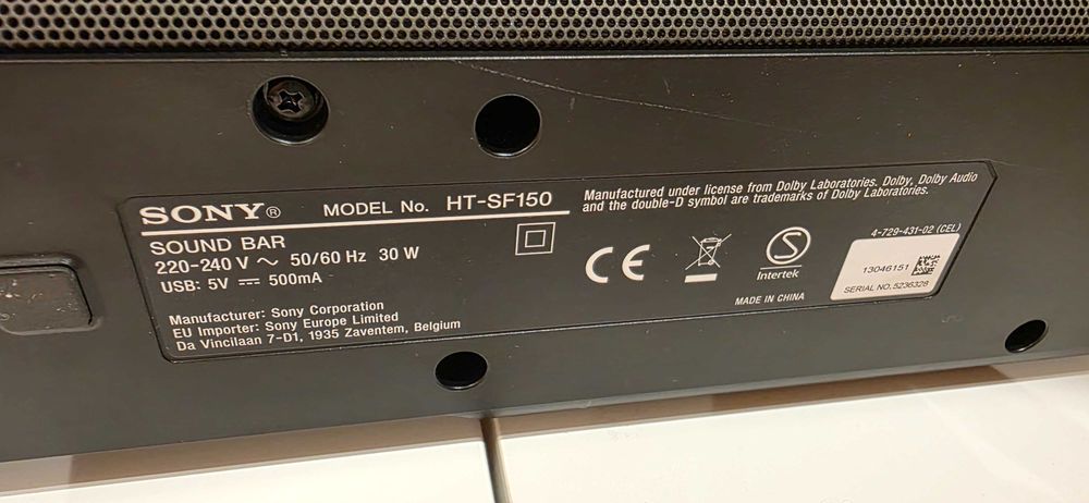 Soundbar Sony HT-SF150, BT, 2 канала, Bass Reflex, 120 W, Черен