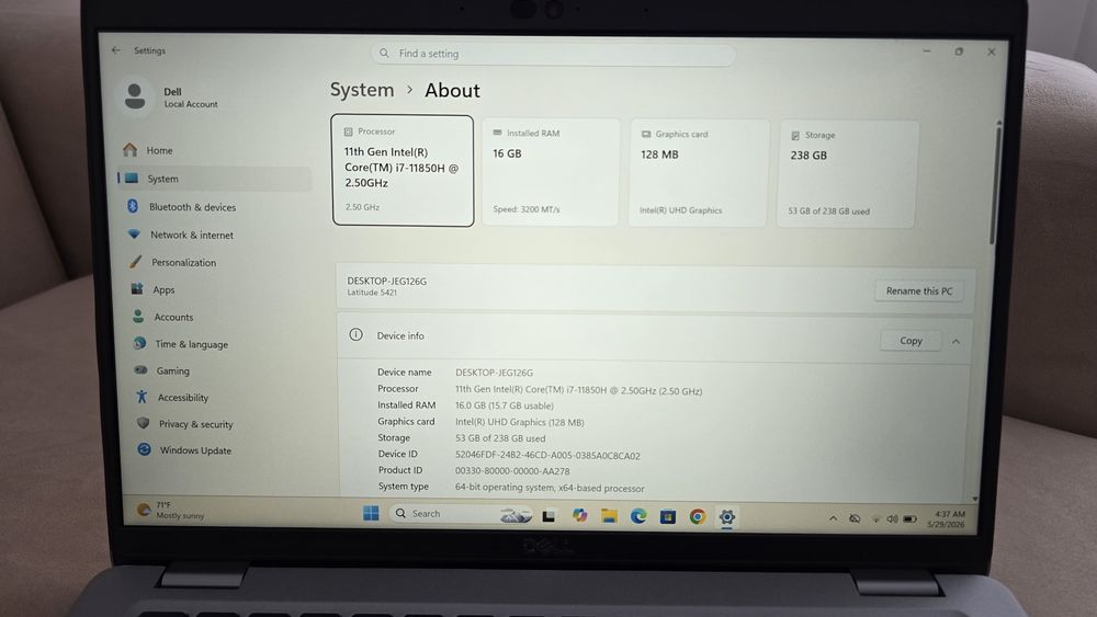 Laptop Dell 5421, i7 gen11, 16GB, ssd 256Gb, windows 11Pro
