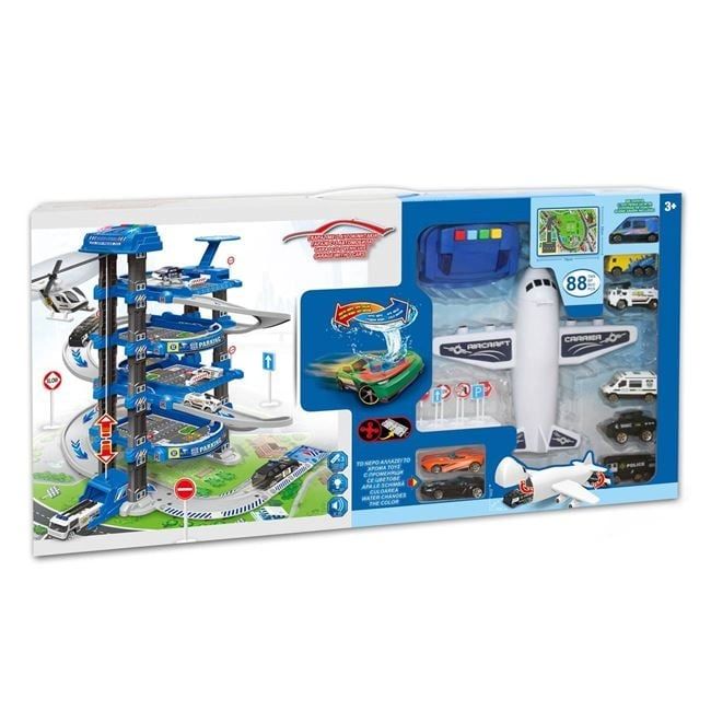 Полицейски комплект гараж с превозни средства,самолет звук-88 части