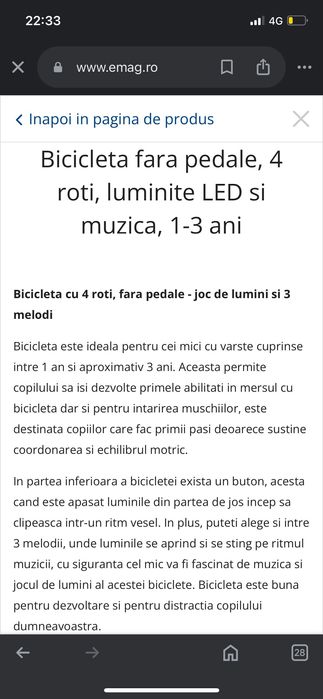 Bicicletă fără pedale cu lumini și sunete