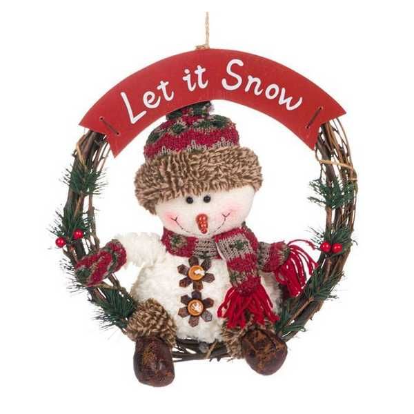 Коледен декоративен дървен венец, Снежен човек с Шал червено каре