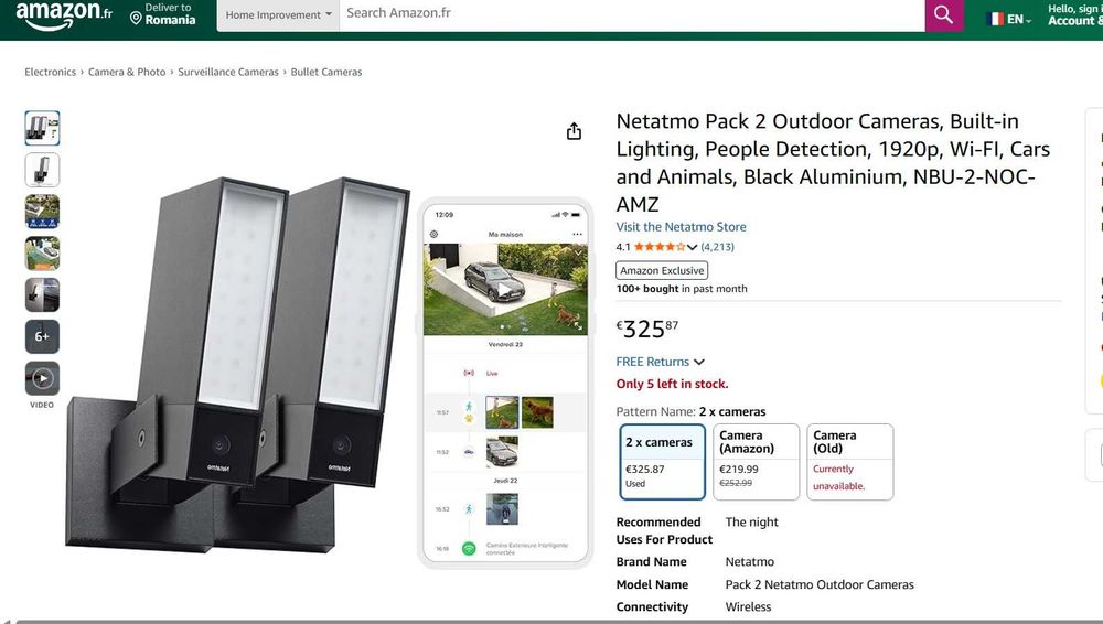 Kit 2 camere exterioare Netatmo NBU-2-NOC-AMZ, 1920p, Wi-Fi