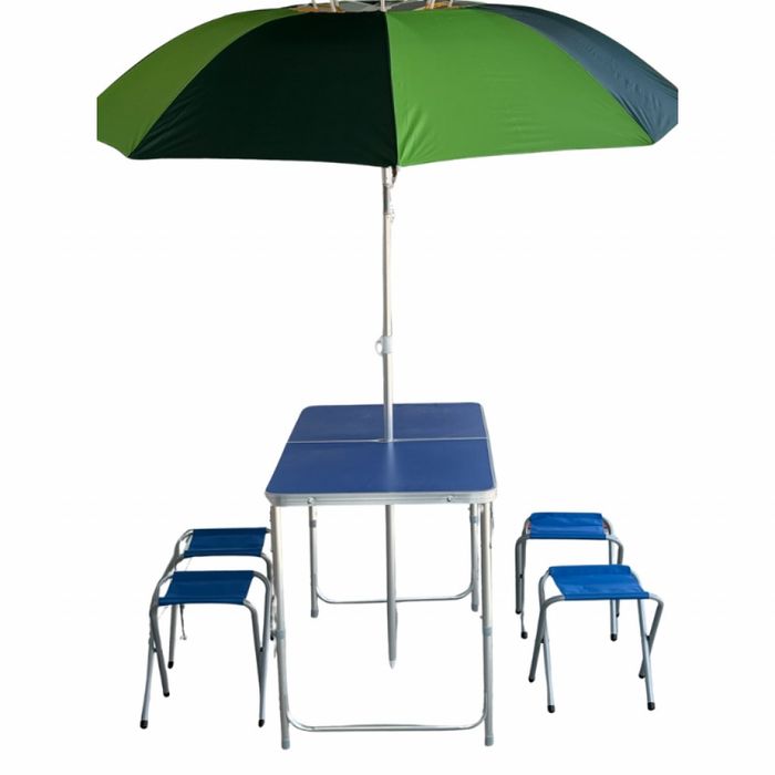 Къмпинг комплект 3 в 1: Сгъваема маса с 4 стола и чадър – лек, компакт
