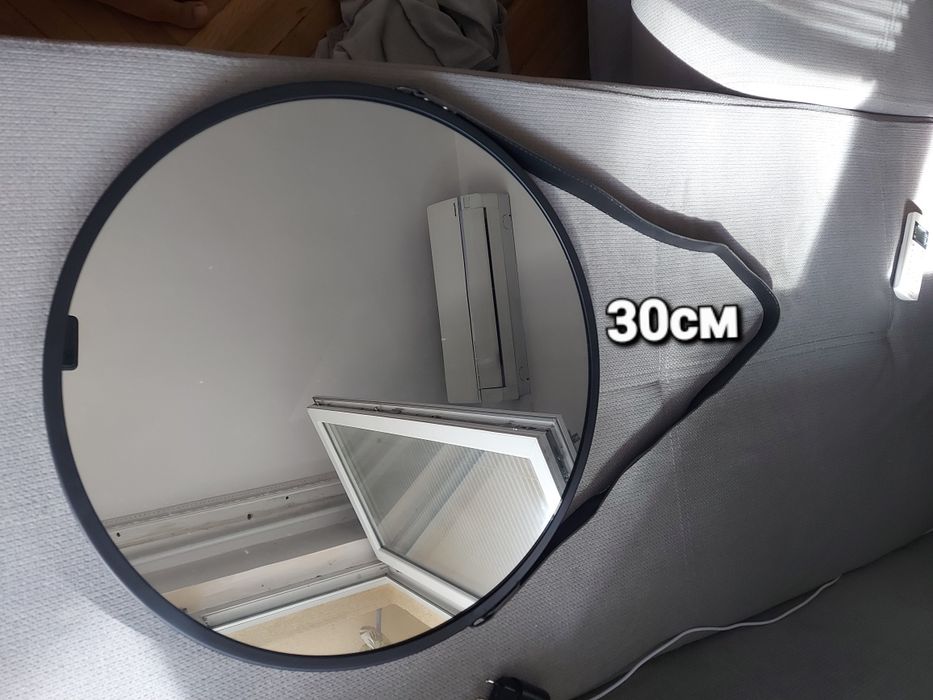 Огледало 50см с черна метална рамка и кожена каишка