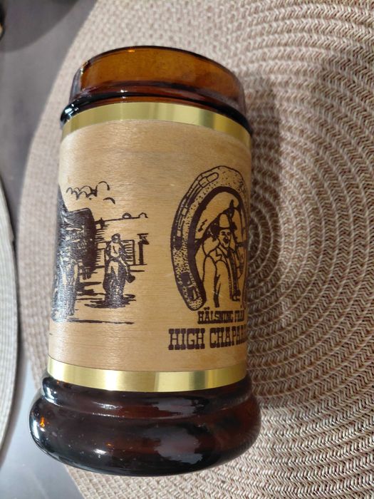 Винтидж халба Siesta ware: амбър стъкло, дърво, метал